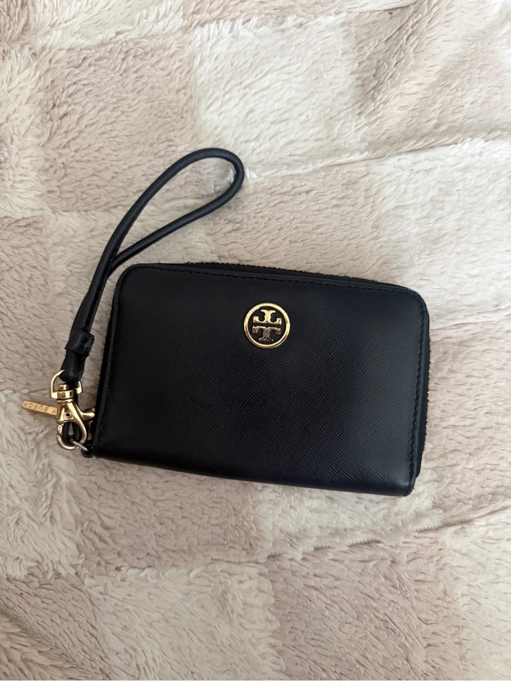 Tory Burch Black Leather Wristlet with Gold Logo